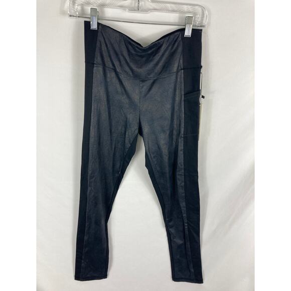 NWT Gottex Black Faux Leather Panel Front Pocket Leggings Size Medium - Picture 1 of 4